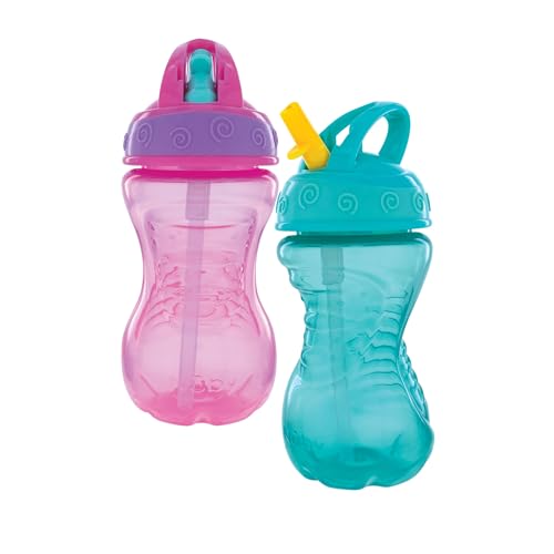 Nuby Flip-It Hard Straw Cups with Vari-Flo Straw - (2 Pack) 10 oz - Spill-Resistant - 12+ Months - Aqua/Pink - color: Pink & Aqua