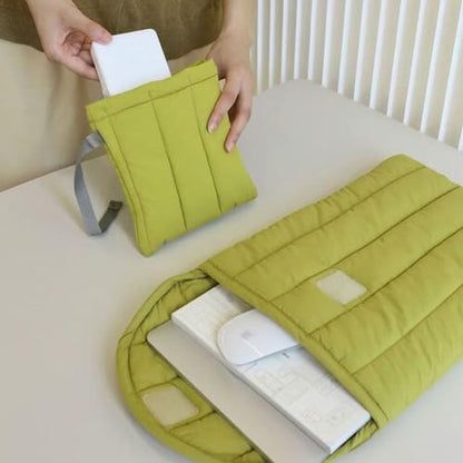 Puffy Laptop Sleeve 13-14 Inch, Soft Laptop Case, Green Set | Compatible with 13-14 Inch Macbook Pro/Air/Neo, Asus/Dell/Lenovo Laptops, Protective Carrying Bag with Cable Storage Pouch - color: Green Set, size: 13/14