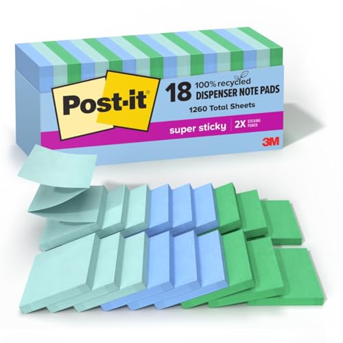 Post-it 100% Recycled Super Sticky Notes, 3 x 3 in, Oasis, 24 Pads | School Supplies and Office Products, 2X the Sticking Power - size: 3" x 3", style: 18 Pads