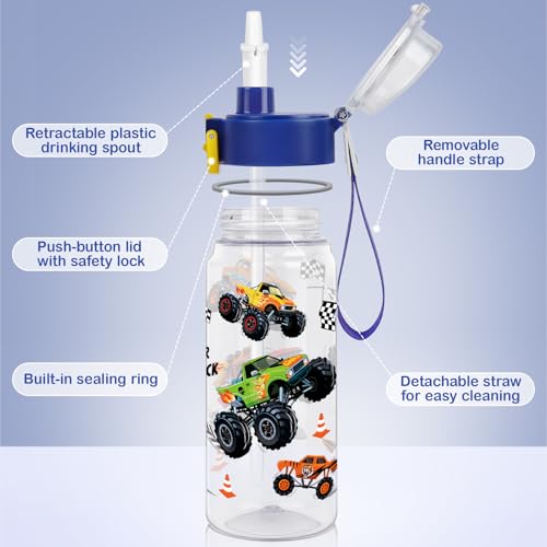 Tritan Kids Water Bottle for School, 18.6 oz Leakproof 2-in-1 Toddler Water Bottle with a Pop-up Detachbale Straw, Dishwasher Safe (Monster Truck) - color: Monster Truck