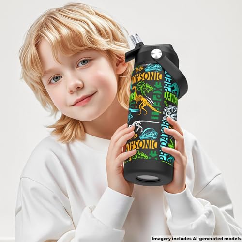 Boys Water Bottle with Straw,18 oz Kids Insulated Cups with Stainless Steel Leak Proof for School,Sport&Travel（Dinosaur） - color: A12.Dinosaur