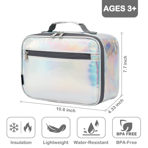FlowFly Kids Lunch box Insulated Soft Bag Mini Cooler Back to School Thermal Meal Tote Kit for Girls, Boys, Silvery - color: Holographic