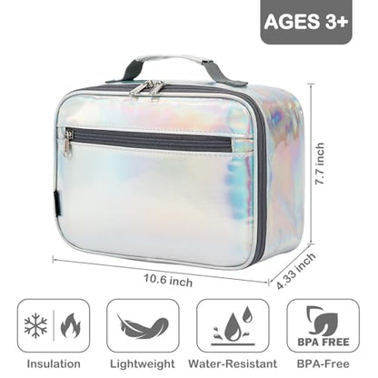 FlowFly Kids Lunch box Insulated Soft Bag Mini Cooler Back to School Thermal Meal Tote Kit for Girls, Boys, Silvery - color: Holographic