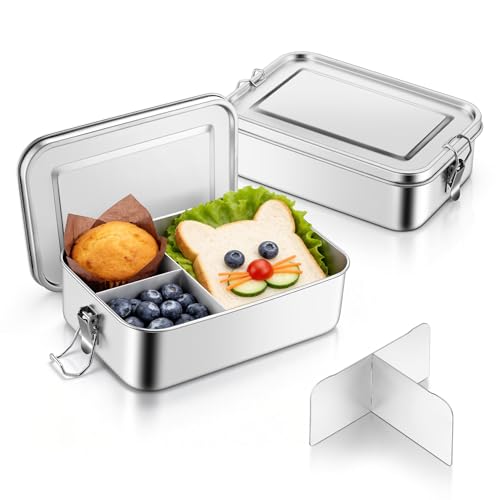TeamFar 2 Pack Stainless Steel Bento Box, 81oz Metal Lunch Box | with 3 Compartments for Adults/Kids, Lunch Food Containers for School/Work/Meal Prep, Leak-Proof & Dishwasher Safe, 2400ML - size: 2400ML