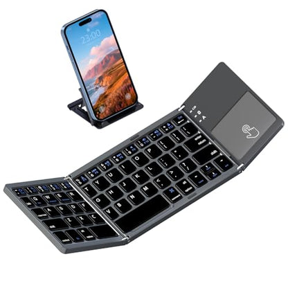ROCK&ROWN Foldable Bluetooth Keyboard, Pocket Size Portable Wireless Keyboard with Touchpad for Mac OS,Android, Windows, Linux, PC, Tablet, with Rechargeable Li-ion Battery-Dark Gray