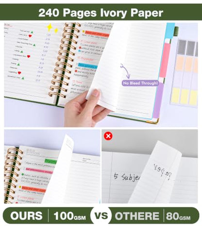 JASLEKO 3 Subject Notebook College Ruled with Dividers Tabs, 100 GSM Leather Hardcover Spiral Notebooks for School Work, 240 Pages Large Cute Notebook Journal for Women Men, College Students,Green - color: Green