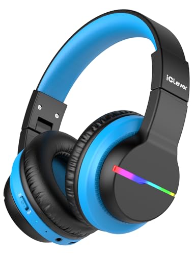 iClever BTH12 Kids Bluetooth Headphones,Colorful LED Lights,74/85dBA Safe Volume,85H Playtime,Bluetooth 5.2,Over Ear Wireless Headphone Built-in Mic for iPad/Tablet/Airplane, Deep Black - color: Black/Blue