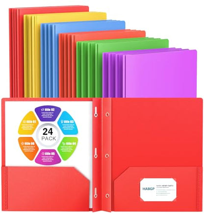 HABGP 24 Folders with Pockets and Prongs, 2 Pocket 3 Prong Folders with Business Card Holder, Plastic Heavy Duty File Folders for Documents Business Office School Supplies, 24 Pack 6 Bright Colors - size: 4 set (24 pcs)