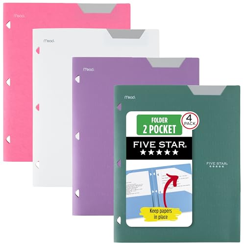 Five Star 2-Pocket Plastic Folder with Stay-Put Tabs, Fits 3-Ring Binder, Holds 8.5" x 11" Paper, Assorted Colors, 4 Pack (333420B) - color: Green, Purple, White, Pink, size: 4 Count