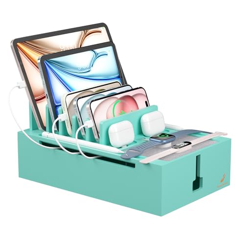 Pezin & Hulin Bamboo Charging Station, Electronic Devices Organizer for Multiple Devices Charger Such As Cell Phone, Tablet, Watch and More, Teal, (No USB Charger and Cables - color: Teal, size: Dock (No Charger&Cables)