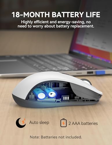 TECKNET Bluetooth Mouse, [ USB + BT1 + BT2 ] Wireless Mouse for Laptop, Silent Click, Ergonomic Design, 4800 DPI Computer Mice Wireless, Dual Mode for Laptop, Computer, iPad, MacBook - color: Grayish White
