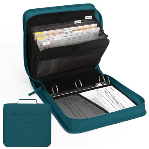 Zipper Binder with Handle, 1.5 Inch O-Ring, 325 Pages Capacity, with 5-Tab Expanding File Folder for Classified Storage, Small Size Lightweight Zipper Bag for Middle School Students, Dark Teal-Green - color: Dark Teal-green