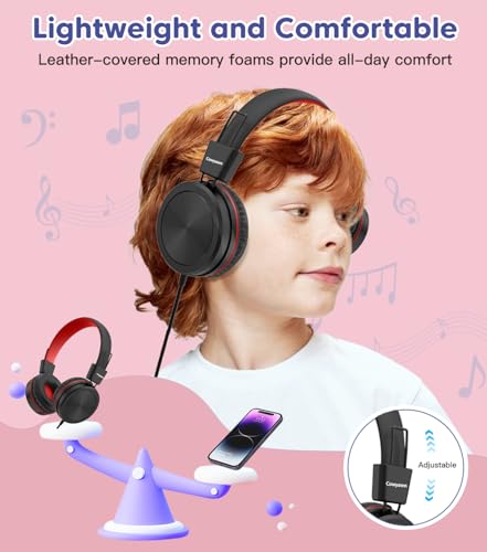 Cowyawn Kids Headphones, Toddler Headphone with Safe Volume Limiter 94dB, Wired School Headphones for Kid, 3.5mm Adjustable On-Ear Headphone for Boys/Girls/Children/Teens/iPad/Computer, Red Black - color: Red Black
