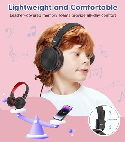 Cowyawn Kids Headphones, Toddler Headphone with Safe Volume Limiter 94dB, Wired School Headphones for Kid, 3.5mm Adjustable On-Ear Headphone for Boys/Girls/Children/Teens/iPad/Computer, Red Black - color: Red Black