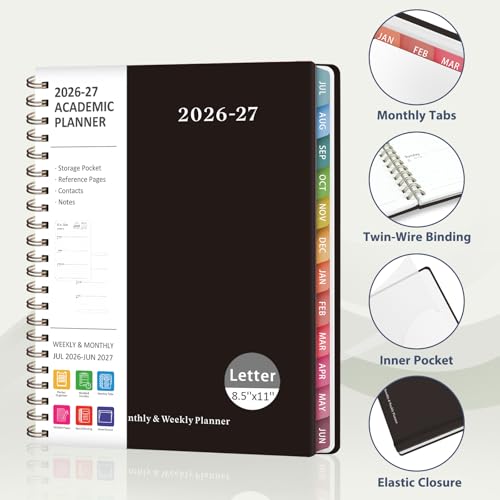 Planner 2026-2027, Weekly and Monthly Academic Year Calendar Planner, July 2026 - June 2027, Daily Agenda Book for Office School Supplies, Letter Size(8.5'' x 11'') - color: C-Black, size: 8.5"x11"(Jul 2026-Jun 2027)