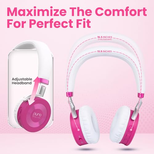 Puro Sound Labs JuniorJam Plus Volume-Limiting Wireless Bluetooth Headphones for Kids, Secure Audio with Adjustable On-Ear Design, 22-Hour Battery Life, Ideal for Tablets, Smartphones & PCs - Pink - color: Pink