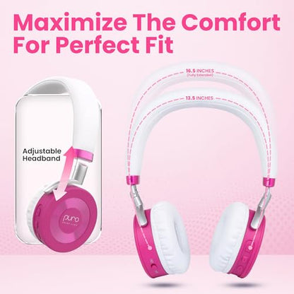 Puro Sound Labs JuniorJam Plus Volume-Limiting Wireless Bluetooth Headphones for Kids, Secure Audio with Adjustable On-Ear Design, 22-Hour Battery Life, Ideal for Tablets, Smartphones & PCs - Pink - color: Pink