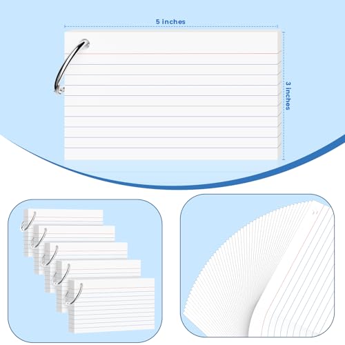 250-Pack White Index Cards 3x5 Inch w/Key Ring – 180gsm Heavyweight Flashcards – Flash Cards Study & Note Cards (50 Sheets Each)– Perfect for Study, Notes & Memory, Students School Supplies - color: w/Key Ring 250 Count