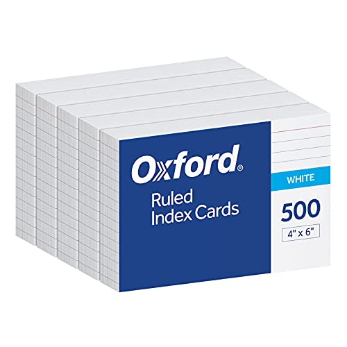 Oxford Index Cards, 500 Pack, 4x6 Index Cards, Ruled on Front, Blank on Back, White, 5 Packs of 100 Shrink Wrapped Cards (40178) - size: 4x6