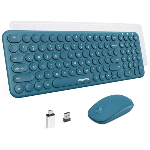 Wireless Keyboard and Mouse Combo,XTREMTEC 2.4GHz Quiet Slim Cute Round Keycap Compact Size Blue Kawaii Cordless Retro Keyboard Mouse Set Home Office Accessories for Mac/Windows (Blue) - color: Teal Blue
