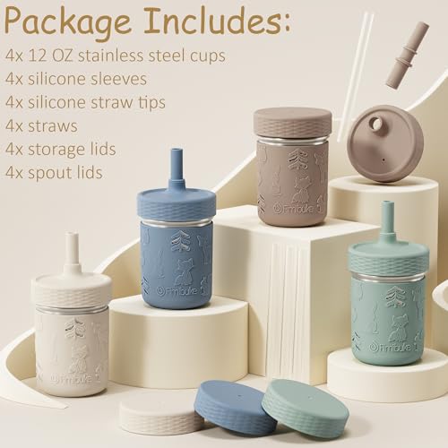 Fimibuke Toddler Cups Spill Proof, 8 OZ Sippy Cups for Kids Girl Boy, Stainless Steel Tumbler with Lid, Removable Silicone Straw & Sleeve, BPA Free Dishwasher Safe Water Bottle Snack Container 4 Pack - color: Sage/Misty Blue/Khaki/Beige, size: 8 Ounces