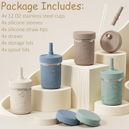 Fimibuke Toddler Cups Spill Proof, 8 OZ Sippy Cups for Kids Girl Boy, Stainless Steel Tumbler with Lid, Removable Silicone Straw & Sleeve, BPA Free Dishwasher Safe Water Bottle Snack Container 4 Pack - color: Sage/Misty Blue/Khaki/Beige, size: 8 Ounces