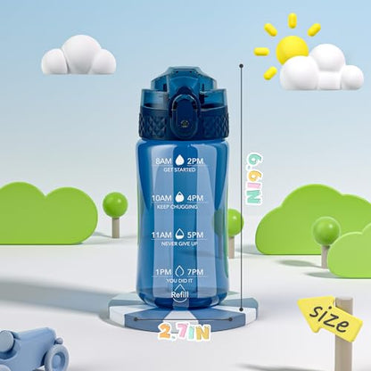 OLDLEY 12oz Kids Water Bottle, Tritan BPA-Free, Leakproof Flip Straw Lid, Motivational Time Marker, Carry Strap, Reusable Clear Water Bottle for Boys & Girls,Slate Blue - color: Slate Blue, style: 12 Ounces