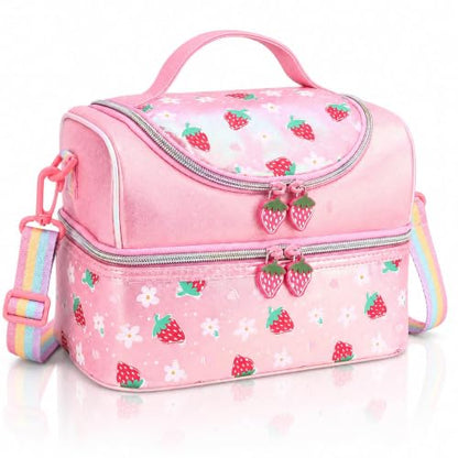 RHCPFOVR Kids Lunch Bag - Double Decker Cooler Insulated Lunch Box for Girls,Washable Lunch Bag and Reusable Toddler Lunchbox for School and Daycare - color: Strawberry