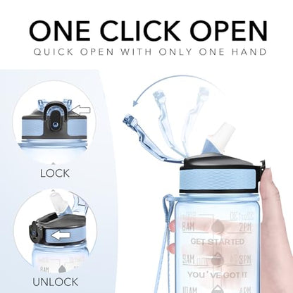 Hyeta Water Bottle with Straw & Time Marker, Plastic 32oz Leakproof | Motivational Tritan BPA Free Gym Office Outdoor Intake Tracker Hourly Reminder Straw Lid Carry Strap - color: Clear Blue