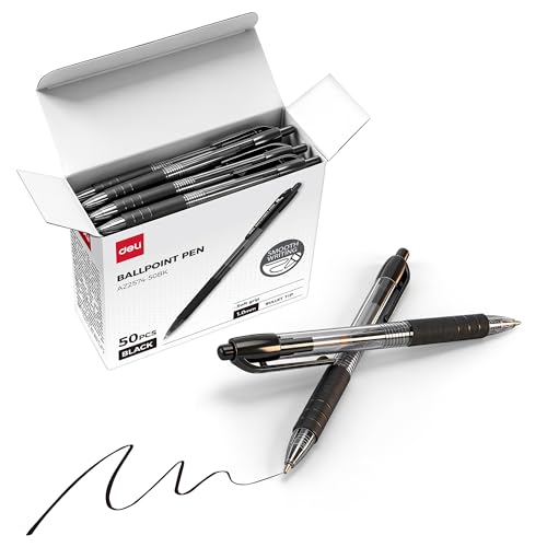 deli Pens Bulk,50 Pack Ballpoint Pens Black Ink 1.0MM Medium Point | Smooth Writing Retractable Pen with Soft Grip, No Bleed ,Fast Dry for Office School Home Use - color: Black, size: 50 PCS