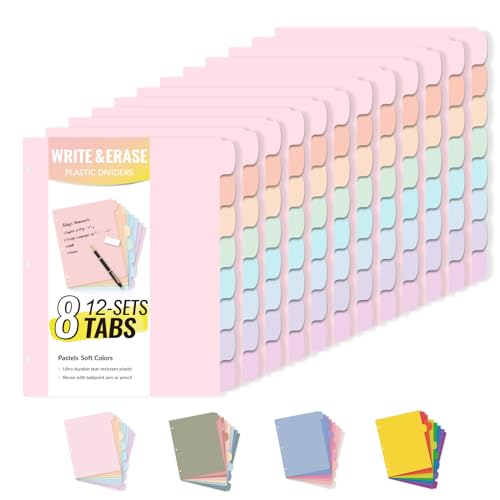 Sooez 8 Tabs Long-Lasting Plastic Write & Erase Large Tabs Dividers for 3 Ring Binder, Aesthetic Cute Pastels Binder Dividers for Student, Teacher, Office, Home Organizers, 12 Sets, Pastels Color - color: Pastels Color, size: 12 Sets