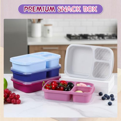Honeydak 5 Pack Snack Containers 3 Compartment Bento Snack Boxes Divided Meal Prep Containers with Lids Reusable Adults Lunch Food Storage Box for School Work Travel(Blue White Purple) - color: Blue White Purple