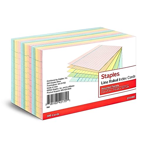 Staples Ruled 3 X 5 Index Cards, Assorted Pastel, 300/Pack