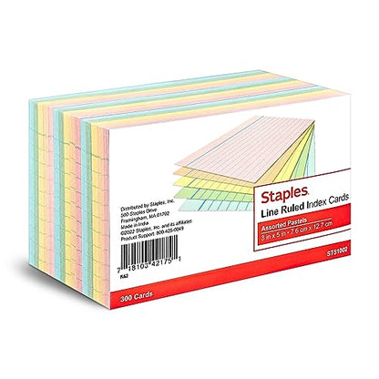 Staples Ruled 3 X 5 Index Cards, Assorted Pastel, 300/Pack