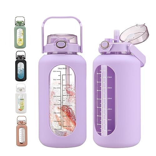 chunmo 74 oz Glass Water Bolttles with Straw Large Motivational Water Bottle with Time Marker Sports Water Bottles with Silicone Sleeve and Handle Lid 2.2L Water Jug for Gym Workout - color: Purple