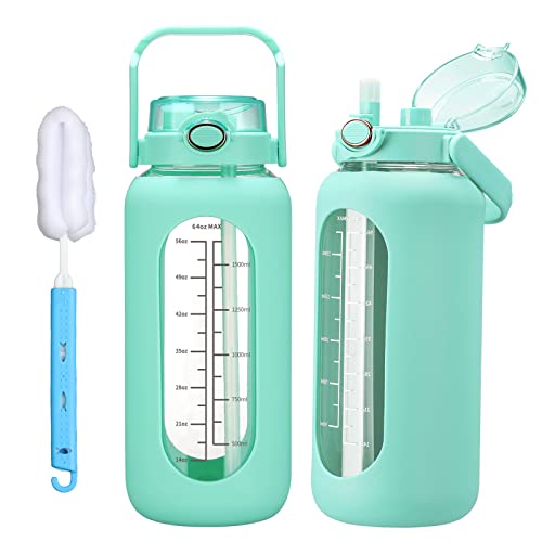 chunmo 42oz/52oz/64oz Glass Water Bolttles with Straw Half Gallon Large Motivational Water Bottle with Time Marker Sports Water Bottles with Silicone Sleeve and Handle Lid Water Jug for Gym Workout - color: Green, size: 52 Ounces