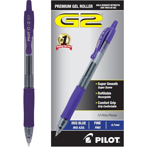 Pilot G2 Premium Gel Roller Pens, Fine Point 0.7 mm, Iris Blue Ink Pens Fine Point, Pack of 12 - Ideal for School, Journaling, and Office Writing - color: Iris Blue Ink