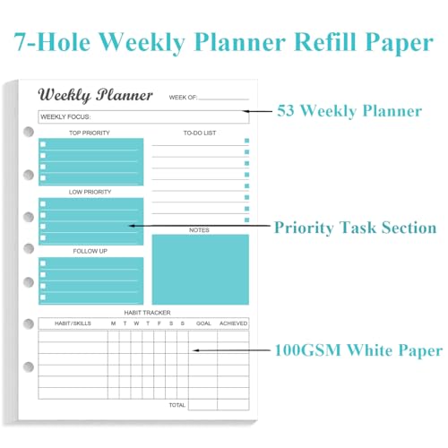 7-Hole Weekly Planner Refills for Mini Binders - 53 Sheets/106 Pages Weekly Planner Paper, 100 gsm White Paper, Lasts 1 Year, Undated, 5.8" x 8.3", Teal - size: 1-Pack, style: 7-Hole/Desk Size 4