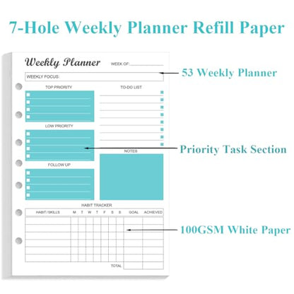 7-Hole Weekly Planner Refills for Mini Binders - 53 Sheets/106 Pages Weekly Planner Paper, 100 gsm White Paper, Lasts 1 Year, Undated, 5.8" x 8.3", Teal - size: 1-Pack, style: 7-Hole/Desk Size 4