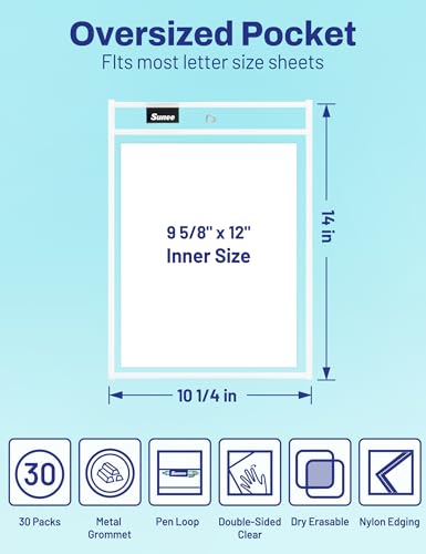 SUNEE 30 Packs Oversized Reusable Dry Erase Pocket Sleeves with 2 Rings, White 10x14 Ticket Holders, Clear Plastic Sheet Protectors, Teacher School Classroom Supplies - color: White, style: 30 Pack