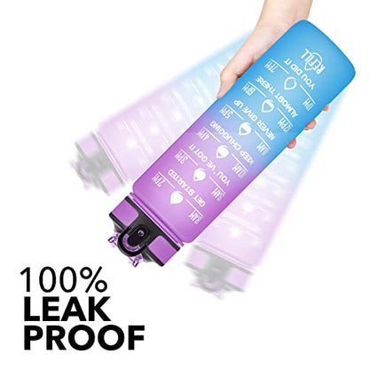Hyeta Water Bottle with Straw & Time Marker, Plastic 32oz Leakproof | Motivational Tritan BPA Free Gym Office Outdoor Intake Tracker Hourly Reminder Straw Lid Carry Strap - color: Confectionery