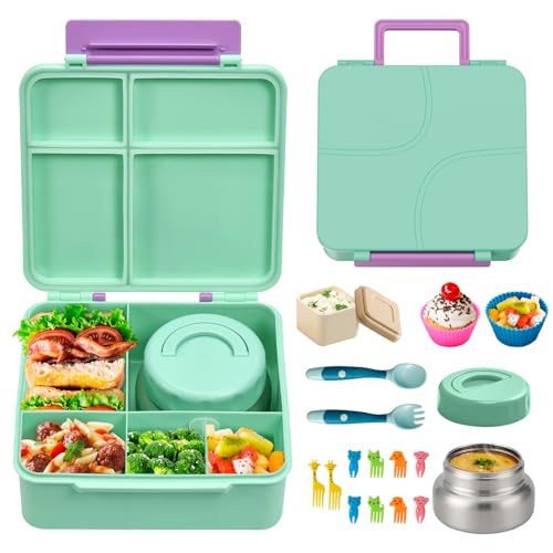 JSLOVE Bento Lunch Box with Leak Proof Thermos Food Jar for Kids, Food Lunch Containers for Girls with 4 Compartments, BPA-Free with Utensils, Food Picks, Sauce Jar & Silicone Lunch Box Dividers - color: Green
