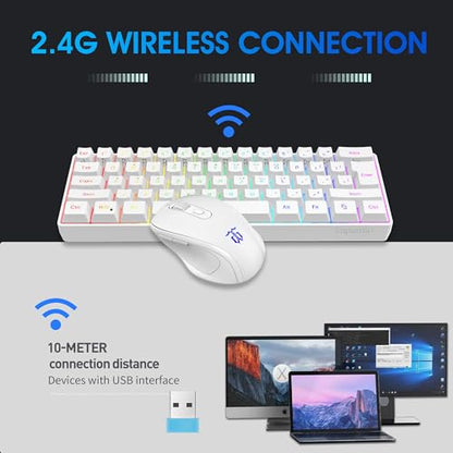 Snpurdiri 2.4G Wireless Gaming Keyboard and Mouse Combo, Include Small 60% Merchanical Feel Ergonomic Design Mini Wireless Mouse(White) - color: White Combo