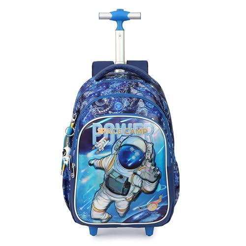 Cartoon Rolling Backpack for Boys Girls, Kids 5 Pcs Wheeled Backpack, Travel Backpack for Elementary Students (Astronaut Blue) - color: Astronaut Blue