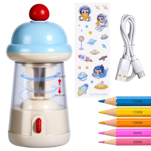 Rechargeable Electric Pencil Sharpener, 6-12mm Auto in & Out Fully Automatic Pencil Sharpener for Kids, Large Capacity Battery Powered, with Cartoon Stickers Ideal for Classroom & Home (Blue-White) - color: Blue-white