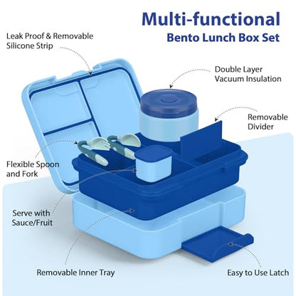 Kids Bento Lunch Box Set with 9.5oz Soup Thermo, Leak-Proof Lunch Food Containers with 3 Compartment and Removable Inner Tray, Insulated Hot Food Jar with Lunch Bag for School, Office, Blue - color: Blue