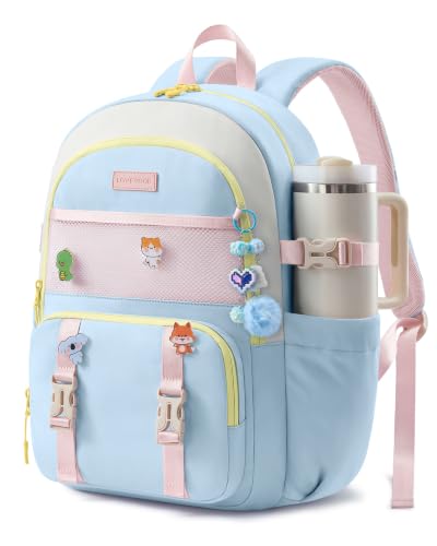 LOVEVOOK Cute School Backpack for Girls Ages 8-14, Lightweight Bookbag with Cartoon Charms & Pins, Back to School Backpack for Elementary & Middle School, Fits 15.6 Inch Laptop and 40oz Tumbler - color: Off-white & Pink Blue, size: 15.6 Inch
