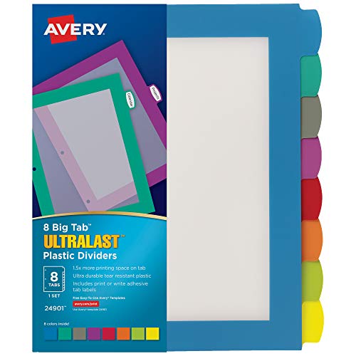 Avery® Ultralast Big Tab Plastic Dividers for 3 Ring Binders, 8-Tab Sets, Multicolor with White Labels, 24 Sets, 192 Divider Tabs (24901) - size: 8 tab, style: 24 Sets