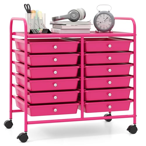 Giantex 12 Drawers Rolling Cart, Mobile Storage Drawer Cart, Classroom Organizer Cart for Office School Supplies Tools Scrapbook Paper Craft Small Printer, Utility Cart on Wheels, Hot Pink - color: Hot Pink, size: 25” x 15” x 24.5”(12 Drawers)