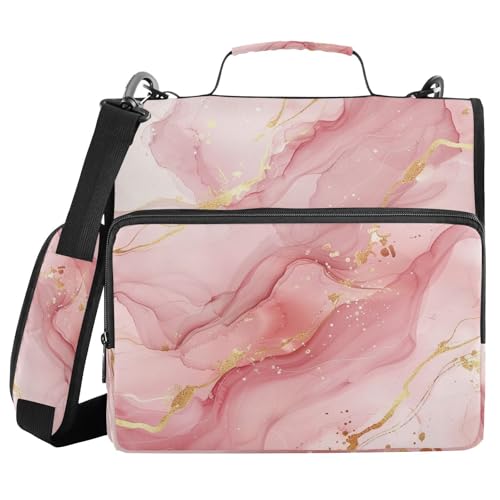 Pink Gold Watercolor Marble Zipper Binder with Shoulder Strap Trapper Keeper 3 Ring Binder Organizer Large Capacity Multiple Compartments for School Office - color: Pink Gold Watercolor Marble